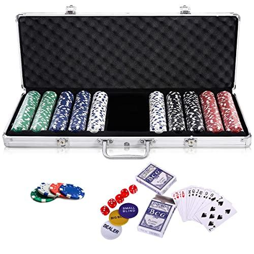 RELAX4LIFE Set da Poker con Valigia, Completo da Gioco con 500 Fiches, 2 Mazzi di Carte, 5 Dadi, 3 Pedine, 1 Tappetino da Gioco e 1 Custodia in Alluminio (ARGENTO)