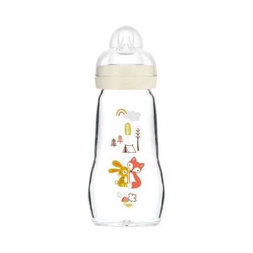 MAM Biberon Feel Good 260 ml, Biberon vetro pregiato resistente alle alte temperature, Accessori neonati ergonomici per uso quotidiano e allattamento misto con morbida tettarella misura 2, Neutro