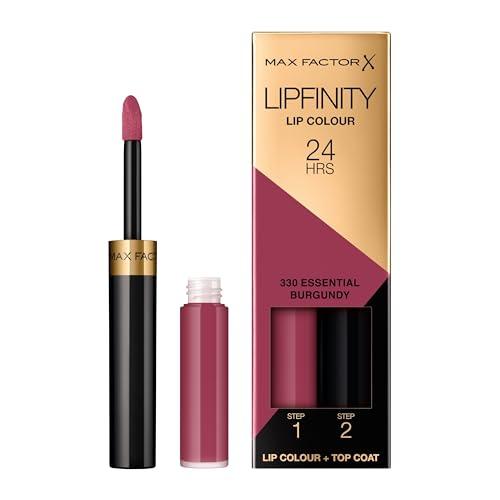 Max Factor Lipfinity Lip Colour Rossetto a Lunga Durata 2 in 1 con Finish Lucido, Rossetto Liquido e Balsamo Idratante per Labbra Morbide e Lucenti - 330 Essential Burgundy, 2,3 ml + 1,9 g