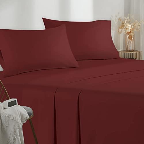 Poligino Lenzuola Matrimoniali 160x190/200cm - Completo Lenzuola 4 Pezzi in Microfibre - Lenzuolo con Angoli - Lenzuola Sopra - 2 Federa 50x80 - Bordeaux