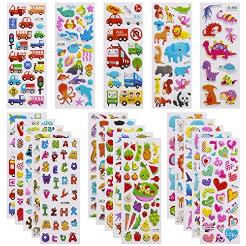 Meafeng Adesivi per Bambini, 600+ Adesivi 3D Stickers per Puffy Adesivi per Regali Gratificanti Scrapbooking Inclusi Camion, Dinosauri, Frutta, Numeri, Lettere,Pesci, Cuori, ECC (24 Fogli)
