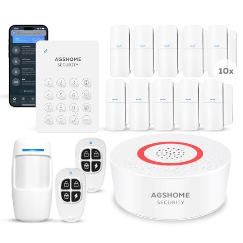 AGSHOME Allarme Casa Senza Fili 15 Pezzi, Sistema Allarme Casa Fai da Te con Wi-Fi & Notifiche App, Include Sirena, 10 Sensori, 2 Telecomandi, 1 Sensore di Movimento, 1 Tastiera, Compatibile con Alexa
