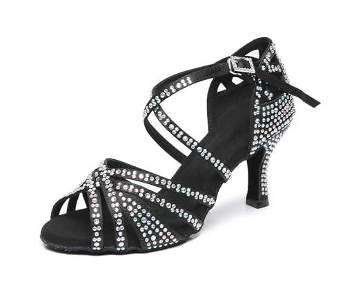 Rosefinch Scarpe da Ballo Latino da Donna con Strass Fondo Morbido Modern Pole Dance Ballroom da Sposa Scarpe Latine Regolabili per Ragazze Signore Nero 7cm Tacco 39 EU