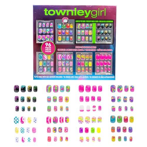 Townley Girl 96 Unghie a Pressione Set di Unghie Finte Artificiali Glow-In-Dark per Bambini con Kit di Punte per Unghie Acriliche a Copertura Completa Pre-colla, Pigiama Party e Makeover