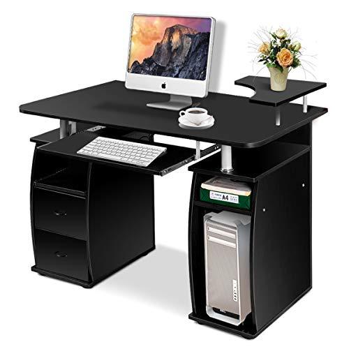 COSTWAY Scrivania Salvaspazio, Scrivania con Cassetti, Vassoio per Tasteriera, Ripiani e Porta Stampante, Scrivania Porta PC per Ufficio e Studio, 120 x 55 x 76 cm, Portata 60 kg (Nero)