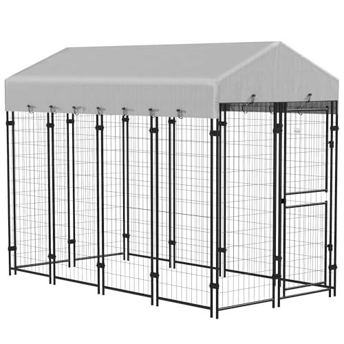 PawHut Recinto per Cani da Esterno, Kennel per Cani con Tetto Anti-UV Impermeabile e Porta a 2 Sezioni, Gabbia per Cani Grandi in Metallo, 239x121x183cm, Argento