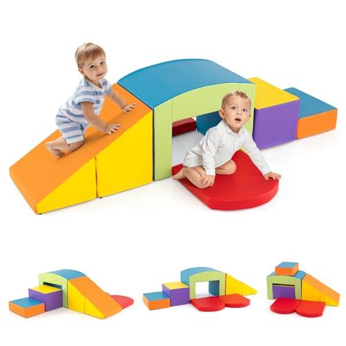 COSTWAY 6 Blocchi di Schiuma per Arrampicata, Gioco Morbido per Bambini, Set di Costruzioni Colorate per Arrampicarsi e Strisciare con Tunnel, Scale e Rampetta per Bambini 12 Mesi + (Colorato)