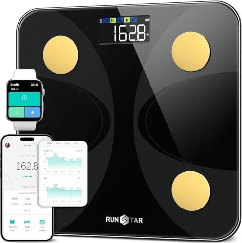 Bilancia Pesapersone e Percentuale Grasso, RunSTAR Bilancia Smart Digitale e Precisa con Ampio Display, Analizzatore di 13 Dati di Composizione Corporea, Sync App-Oro Nero