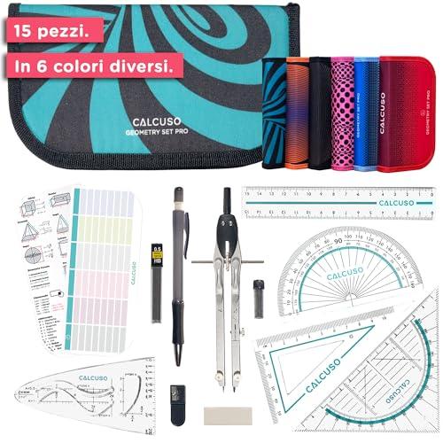 CALCUSO SET DI GEOMETRIA PRO in un astuccio turchese con compasso e goniometro - Astuccio pratico per scuola, università, ufficio e disegni - Ideale come set di geometria per la scuola