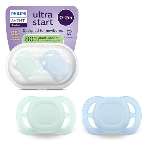 Philips Avent Ultra Start Ciuccio - Design ortodontico, per neonati, tettarella simmetrica in morbido silicone, senza BPA, con custodia per la sterilizzazione, confezione da 2, SCF075/12