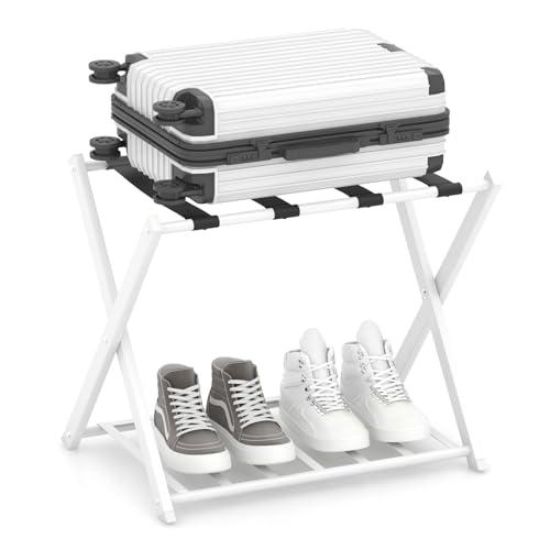 COSTWAY Portavaligie Pieghevole, Porta Valigie Poggia Bagaglio a 2 Ripiani, Cavalletto da Valigie, per Hotel e Viaggio, in Metallo, 68 x 43 x 56 cm (Bianco 1)