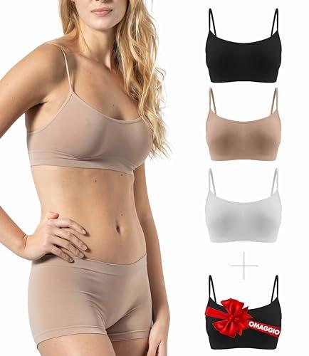 Risalti Reggiseno Senza Ferretto Spalla Stretta 3 pz - Bralette Donna in Microfibra, Brassiere Top Donna Elasticizzato, Intimo Donna, Senza Cuciture - Made in Italy, Bianco-nero-naturale, S-M