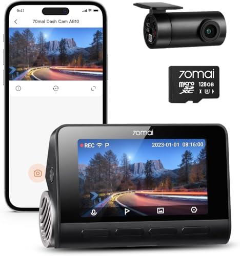 70mai 4K+1080P Dash Cam Auto A810 Fronte Retro Dashcam con Scheda SD da 128GB, GPS e WiFi Integrato, Visione Notturna, Modalità Parcheggio 24H, Registrazione in Loop, Controllo Tramite APP