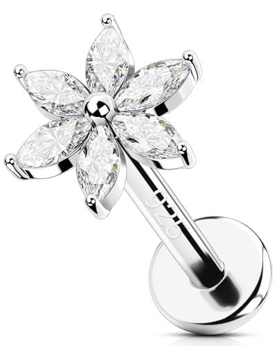 OUFER 16G Fiore Piercing Helix Filettato Interno Piercing Trago Argento 925 Piercing Conch Trasparente CZ Gioielli Per Il Corpo 6/8 mm Labret Piercing