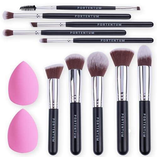 PORTENTUM Set Pennelli Make Up 10 + 2 Premium synthetic pennelli trucco per fondazione cipria fard, ombretto, Set di pennelli make up, kit con spugnetta e Blender Beauty