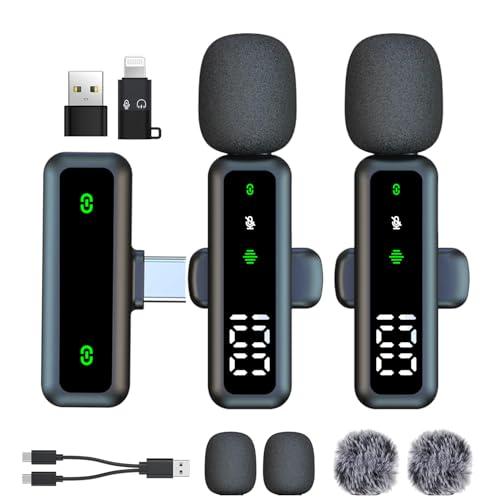 Microfono lavalier wireless con display a LED, microfono Lavalier con clip con riduzione del rumore, per registrazione video, Tiktok, Youtube, Vlog Podcast Content Creator (nero)
