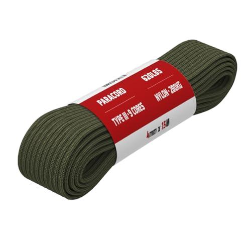Brotree Paracord 4mm 9 Fili 100% Nylon Corda (15m, 30m, 50m) Tipo III Corda da Paracadute per Sopravvivenza, All'aperto, Fatto a Mano - 280kg Carico di Rottura (Verde Militare, 15m)