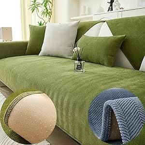 Funny Fuzzy Herringbone Chenille Fabric Furniture Protector Couch Cover, Funnyfuzzy Sofa Cover, Simple Striped Chenille Anti-Scratch Sectional Couch Cover (Green,Backrest Cover--90*90cm/35*35in)