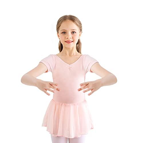 Bezioner Ragazza Balletto Leotard Vestito Danza Tutu Body Ginnastica Manica Corta con Chiffon Gonna Rosa 110