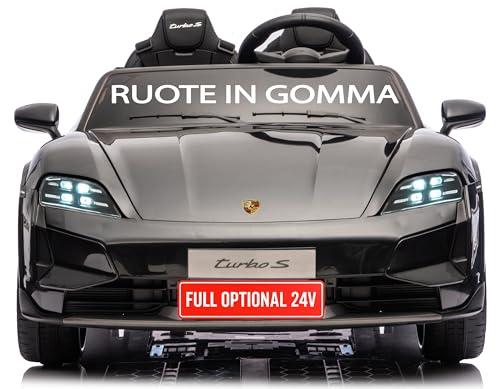 Porsche Taycan Turbo S 24V Auto Elettrica per Bambini 2 Posti Macchina con Telecomando Ruote in Gomma Due Cinture a 3 Punti Luci LED Bluetooth Full Optional Carico Massimo 60 Kg Nero