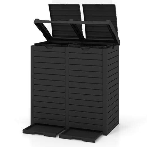 COSTWAY Pattumiera Differenziata da Esterno, Bidone Spazzatura Impermeabile con 1/2 Scomparti, Coperchio a Doppia Chiusura e Vassoio Estraibile e Maniglia (1, Nero, 235 L)