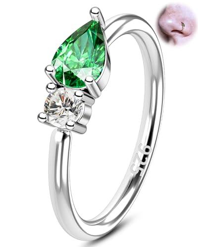 OUFER 20G Piercing Naso a Spirale in Argento Sterling 925, 0,8 mm Anello Naso con Cerchio con Zirconi Cubici Rotondi a Goccia, per Piercing alla Narice, Trago, Cartilagine, Rook, da Donna 8 mm