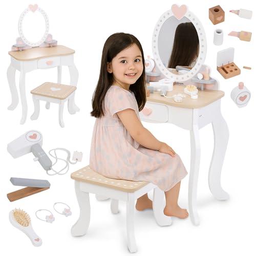 Mamabrum Toeletta per Bambine in Legno - Set Vanity con Specchio, Profumi, Smalti, Spazzola e Accessori per Capelli - Tavolino da Trucco Giocattolo per Bambine