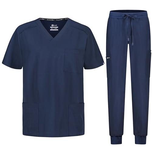 B-well MATTEO Divisa Sanitaria Uomo Elastica | Uniforme Sanitaria Uomo | Set con Casacca e Pantalone Jogger |Divise Sanitarie Uomo con Spandex, Blu, M