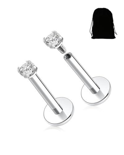 KGDUYC 2 Pezzi G23 Titanio Piercing Labbro Filettato Internamente, Medusa Monroe Labret, Piccolo Orecchio, Naso Brillantino, Helix Trago - Argento