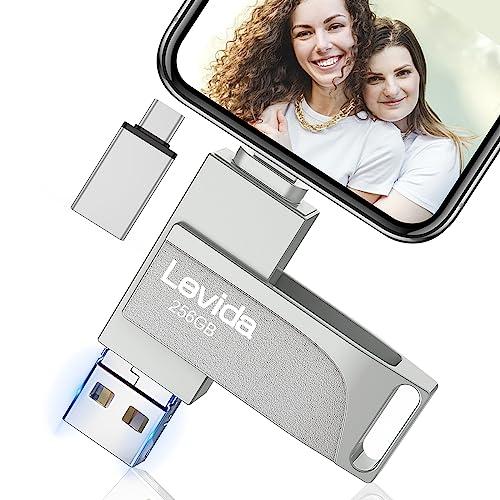 Chiavetta USB 256gb per Phone,Levida Memoria Esterna per scaricare foto,Pen Drive USB C 3.0,Photo Stick,4 in 1 USB Stick per iOS/Smartphone/Pad/Android/PC(Foto/Video/Backup Automatico),Argento chiaro