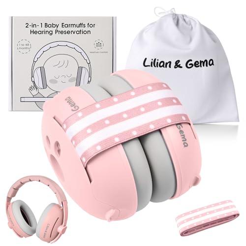 Lilian&Gema 2 in 1 Cuffie Neonato Antirumore -25dB,Protettori acustici per neonati, archetto regolabile, antiscivolo e antistress, protezione acustica ideale per neonati fino a 48 mesi