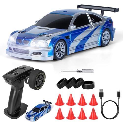 JONRRYIN RC Auto Drift 1:43, Macchina Telecomandata Drift, Mini Drift Car, Micro Macchina Telecomandata con Luce LED, 15km/h, Auto Giocattolo per Bambini di 14 Anni (Blu - Standard)