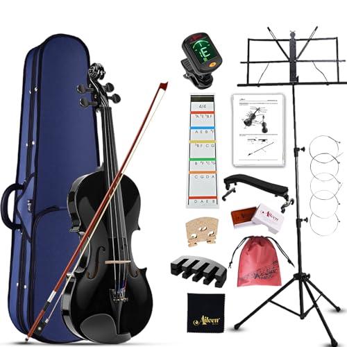 Aileen Violino 4/4 per Adulti Principianti, Kit di Avviamento al Violino per Bambini dai 12 anni in su, Set di Violini Neri per Studenti con 13 Accessori, incluso Esclusivo Adesivo per Tastiera