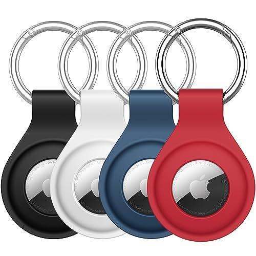 JETech Silicone Custodia per AirTag 2021 con Portachiavi, Cover Air Tag Protettiva Portatile, Installazione Facile, Pacco da 4 (Nero/Bianco/Blu Marino/Rosso)