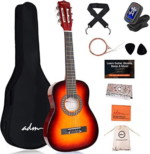 ADM 1/4 Chitarra Classica Junior per Bambini Principianti con Accordatore a clip, Borsa, Tracolla, Corde e Plettri Aggiuntivi, Sunburst