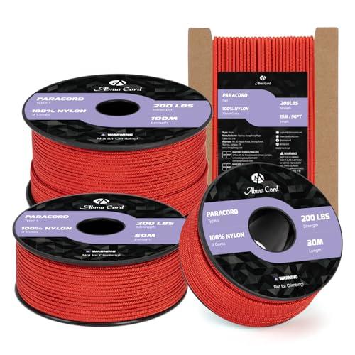 Abma Cord Paracord 2mm 30m Corda Nylon 3 Fili Tipo I Corda Paracord per Fai da te, Campeggio, Attività All'aperto - Max. 90kg (200lbs) - Rosso