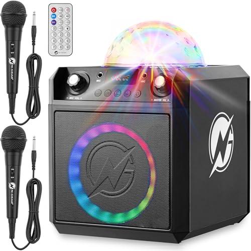 N-GEAR Block Party 602 - Scatola per feste e karaoke, batteria da 100 Watt, batteria da 6 ore, luce da discoteca, Bluetooth, USB/SD MP3, 2 microfono, scatola musicale e impianto karaoke con 2