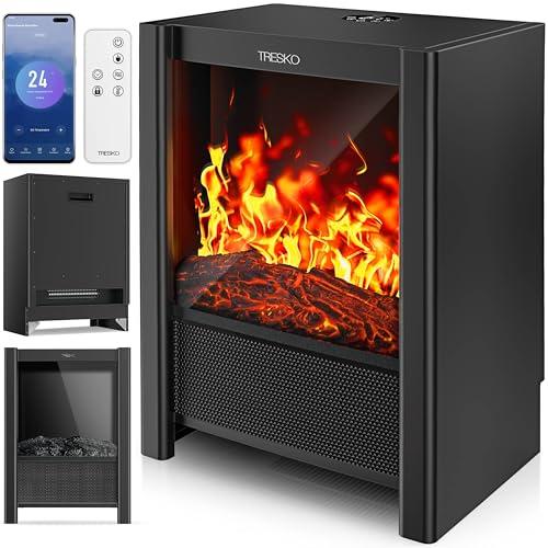 TRESKO® Camino Elettrico SmartFire con Riscaldamento 2000 W, APP WiFi e Telecomando | Camino Elettrico con Effetto fiamma LED e Display LCD | Camino con Termostato | Stufa Elettrica Timer
