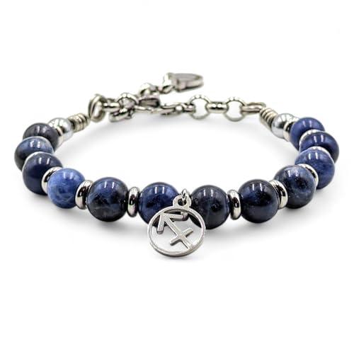 Bracciale semirigido con pietre naturali di Sodalite, inserti e ciondolo in acciaio. Pietra del segno del Sagittario. (L)
