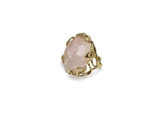 Anello regolabile con cabochon di Quarzo rosa in bronzo, fatto a mano, pietre dure naturali