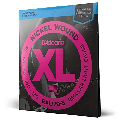D'Addario Corde Basso Elettrico - XL EXL170-5 - 5 Corde - Lunga Scala, Luce, 45-130 - 1-Pacchetto