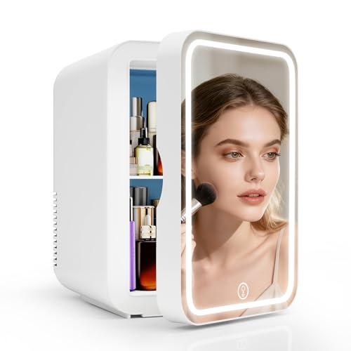 YU YUSING Frigorifero Piccolo da 8L con Specchio LED, Mini Frigo da Camera da Letto Cosmetico con Raffreddamento/Riscaldamento, Frigo Portatile 12 V/220 V, Ufficio, Auto, Campeggio, Bianco