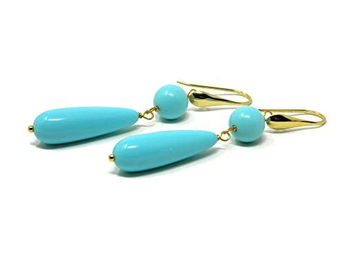 Orecchini Pendenti Donna in Pasta di Turchese – Goccia Liscia 10x30 mm, Pallina 10 mm, Argento 925 Placcato Oro – Handmade Made in Italy - DodiGioielli