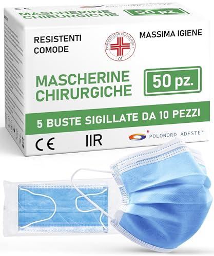 Polonord Adeste Mascherine Chirurgiche, Potere Filtrante 98%, Mascherina Chirurgica Filtrante Monouso di Tipo IIR a 3 Strati, Dispositivo Medico di Classe I, Confezione da 50
