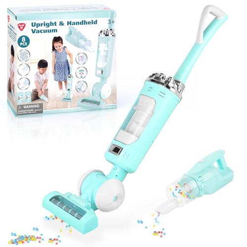 PLAY 2 in 1 Aspirapolvere Giocattolo Bambini, Aspirapolvere Bambini Funzionante con Particelle EVA, Effetto di Aspirazione e Suono Realistico, Set Pulizia Giocattolo 3+ Anni (Verde)