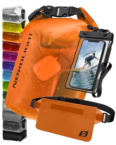 Nordlight Dry Bag Sacca Impermeabile con Custodia Per Cellulare e Marsupio (5L, Arancione) Zaino, Sacca Stagna Borsa Impermeabile - Spiaggia, Canoa, Stand Up Paddling, Immersioni