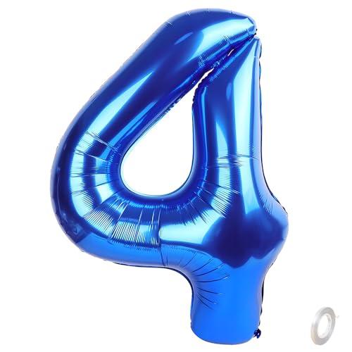 Balorise 40 Pollici Foil Palloncino Blu Numero 4, Gonfiabili Elio, Grande Numeri 0-9, 10-100 (101cm), Decorazione di Alluminio Palloncini per Festa di Compleanno Anniversario