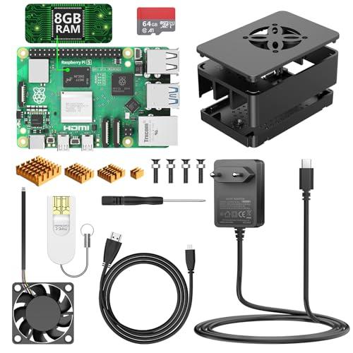 Raspberry Pi 5 8GB Quad-Core ARM-A76-64 Bits con 64GB Scheda SD, Starter Kit con Alimentatore 5.1V 5A 27W, Cavo Micro HDMI, Ventola, Dissipatore di Calore, Raspberry Pi 4 3 Aggiornato Barebone