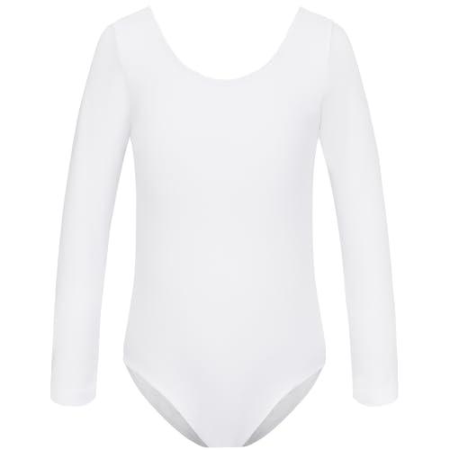 HIPPOSEUS Ragazze Body da Danza con Maniche Lunghe Classico Body Ginnastica Bambina Ballet Leotards,AM0019-Bianco,9-10anni