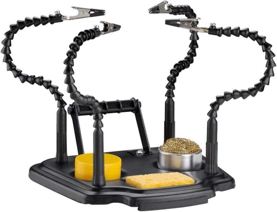 ANFEL ZD-11M-1 Ausilio saldare con 4 bracci flessibili collo oca pinze coccodrillo/stazione saldatura/terza mano/lavori saldatura artigianato/incl. supporto stagno, spugna saldare, resina saldare